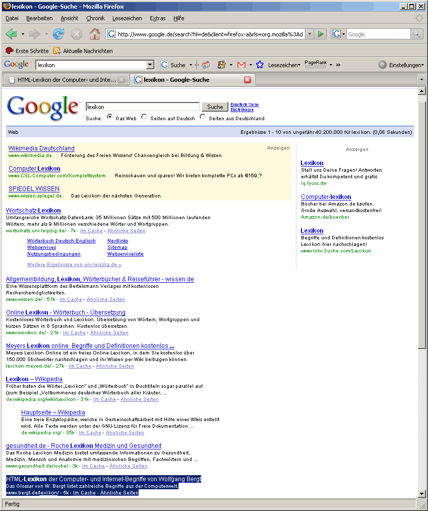 Google, Stichwort Lexikon, 30.05.2008